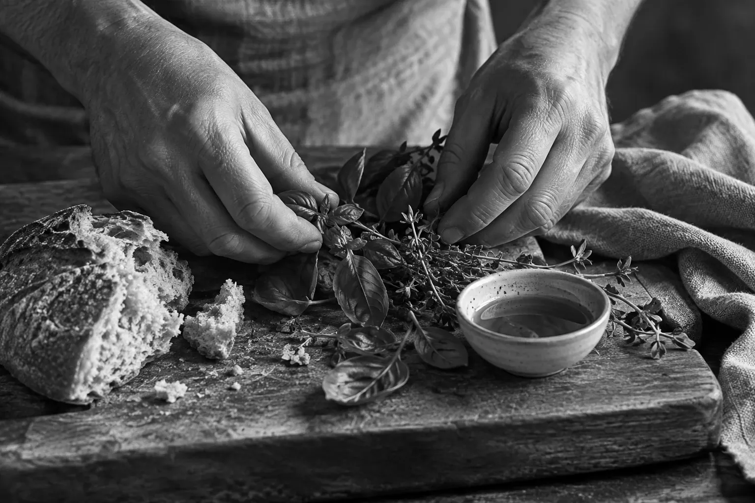 Hände bereiten Kräuter, Brot und Olivenöl vor, Stimmungsbild