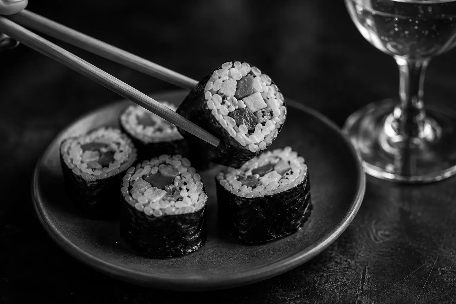 Sushi, Essstäbchen und Weinglas als Stimmungsbild